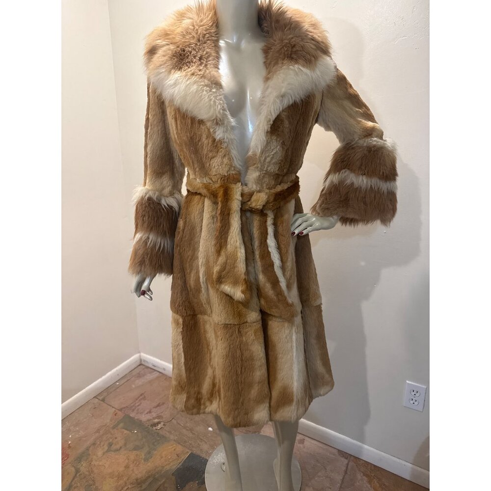 Vintage Tan & White Fur Coat With Belted Waist & Flared Cuffs